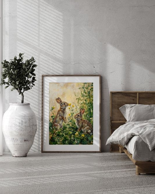 Vintage Rabbits in Wildflower Meadow | Spring Oil Painting Printable