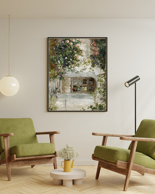 Vintage English Cottage Garden | Romantic Stone Path Oil Painting