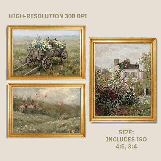 Vintage Spring Gallery Wall Set of 9, Antique Oil Painting Printables, Countryside Spring Wall Art