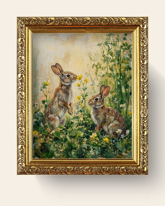 Vintage Rabbits in Wildflower Meadow | Spring Oil Painting Printable
