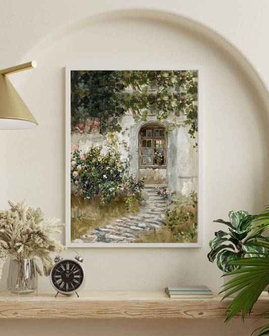 Vintage English Cottage Garden | Romantic Stone Path Oil Painting