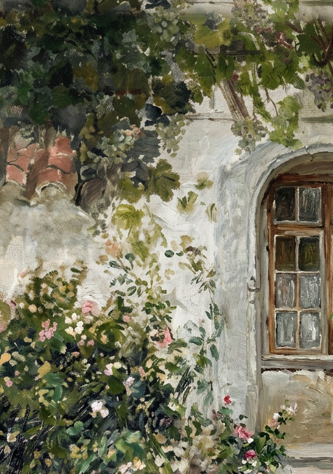 Vintage English Cottage Garden | Romantic Stone Path Oil Painting